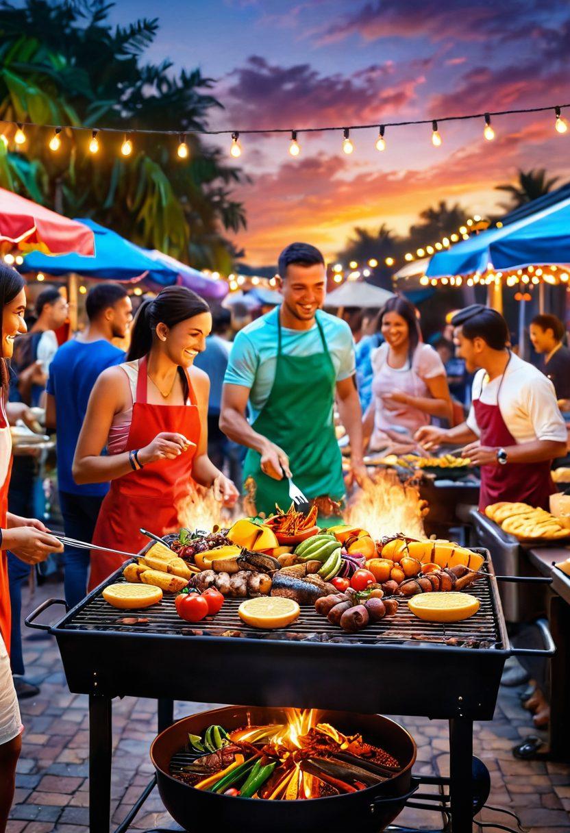 A vibrant food scene showcasing a colorful assortment of sizzling dishes, with happy people enjoying a festive atmosphere. Steam rising from a grill, bright tropical fruits, and spices scattered around. Lively colors capturing the essence of joy and flavor. A backdrop of an outdoor festival with string lights and a sunset sky. super-realistic. vibrant colors. 3D.