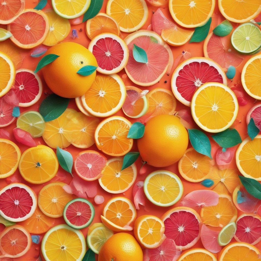 A colorful and playful representation of vibrant, zesty foods like citrus fruits, alongside whimsical illustrations of cheerful, abstract forms resembling whimsical breasts and nipples, all intertwining with joyful splashes of color and flavor. The scene captures a sense of celebration, delight, and fun with elements like confetti and sparkles enhancing the festive atmosphere. Bright, bold colors with a cartoonish and joyful style. cheerful illustration. vibrant colors.