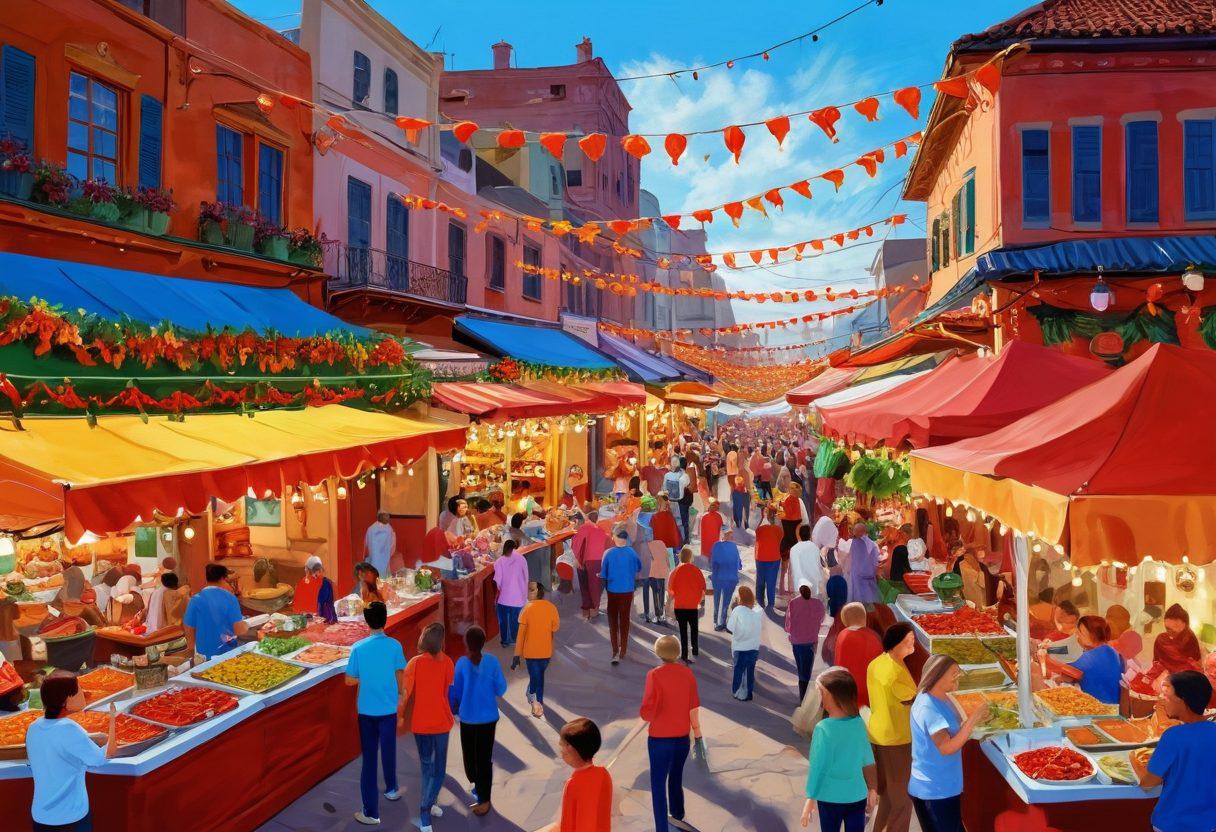 A whimsical and colorful illustration of a lively market scene filled with people joyfully enjoying spicy dishes, with vibrant food stalls adorned with chili peppers and festive decorations. The atmosphere is cheerful, radiating happiness and warmth, with smiling faces and playful children. Bright, bold colors evoke a sense of excitement and energy. The background can feature a sunlit sky and fluttering banners to enhance the festive vibe. vibrant colors. painting.